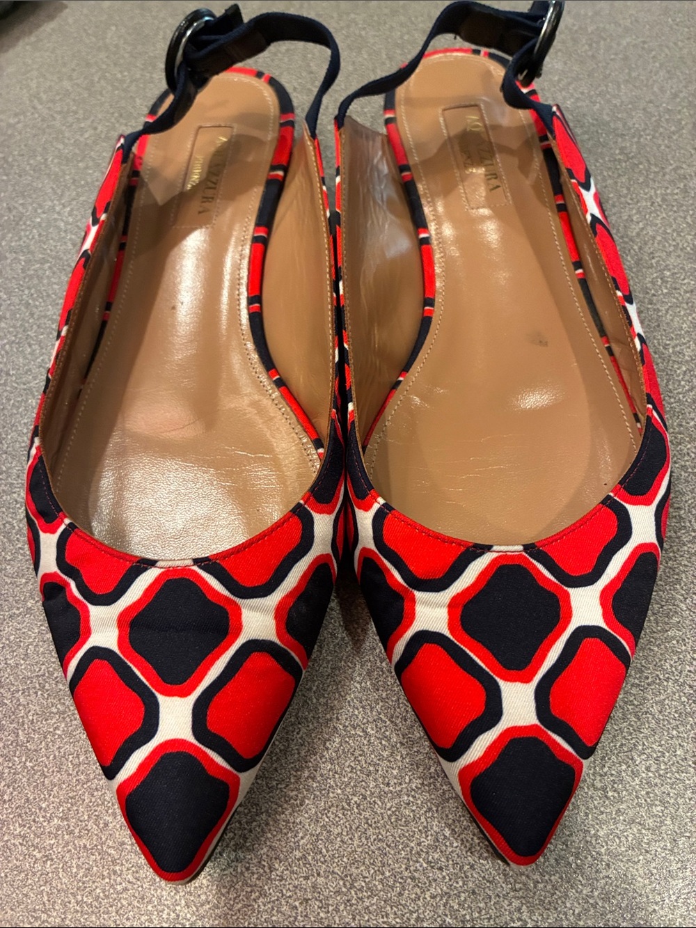 Aquazzura Red, Black and White Geometric Pointed Slingback Flats